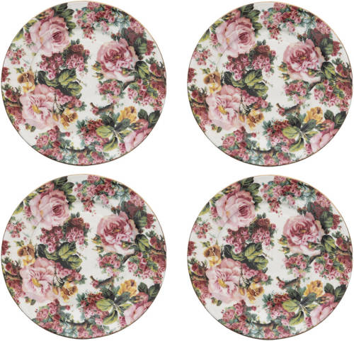HAES deco - Ontbijtborden set van 4 - Formaat Ø 21x2 cm - Porselein - Pink flowers