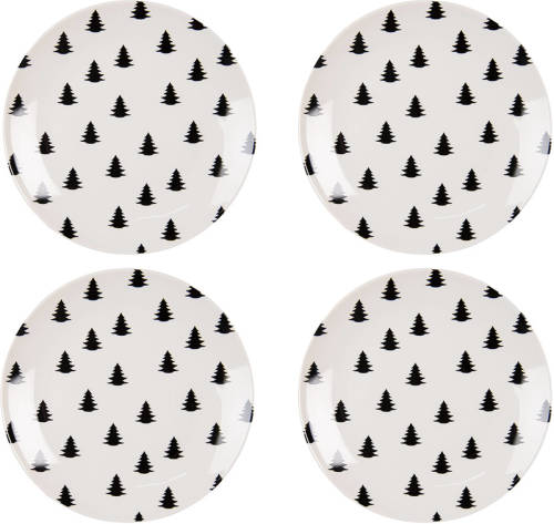 HAES deco - Ontbijtborden set van 4 - Formaat Ø 20x2 cm - Porselein - Black & white X-mas