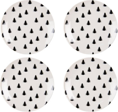 HAES deco - Ontbijtborden set van 4 - Formaat Ø 20x2 cm - Porselein - Black & white X-mas