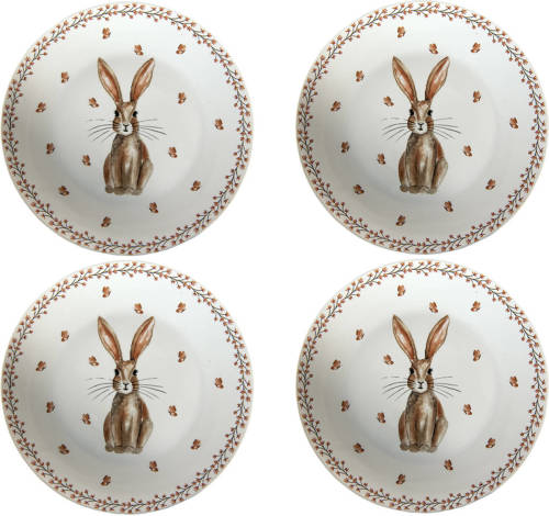 HAES deco - Ontbijtborden set van 4 - Formaat Ø 20x2 cm - Porselein - Rustic Easter Bunny
