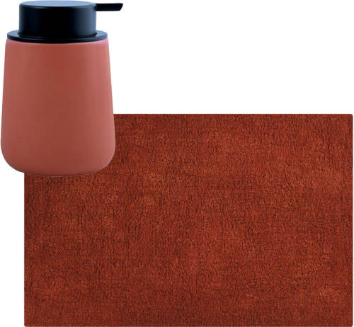 MSV badkamer droogloop mat/tapijt - 40 x 60 cm - met zelfde kleur zeeppompje 300 ml - terracotta - Badmatjes