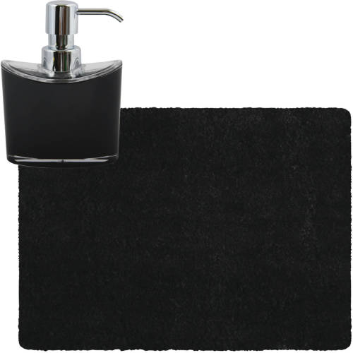 MSV badkamer droogloop tapijt - Langharig - 50 x 70 cm - incl zeeppompje 260 ml - zwart - Badmatjes