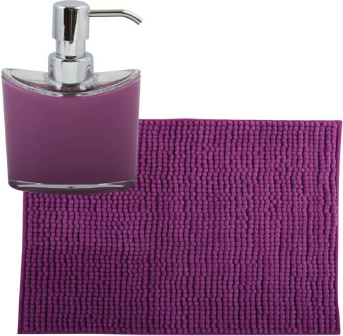 MSV badkamer droogloop mat/tapijtje - 40 x 60 cm - en zelfde kleur zeeppompje 260 ml - paars - Badmatjes
