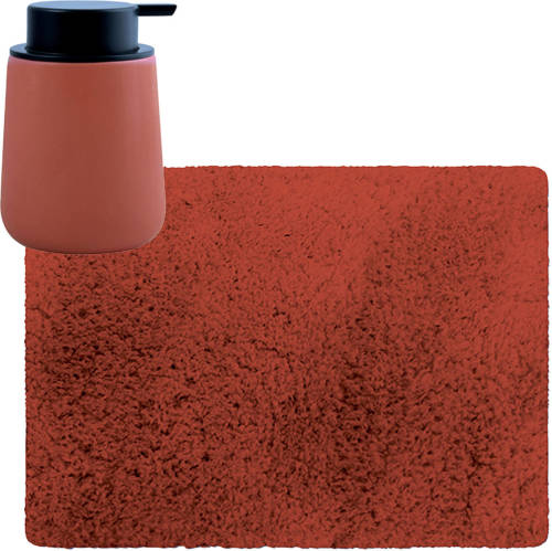 MSV badkamer droogloop tapijt - Langharig - 50 x 70 cm - incl zeeppompje zelfde kleur - terracotta - Badmatjes