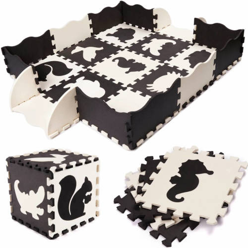 Ikonka 25 delige foam puzzelmat voor baby's en kinderen - Speelkleed - Speeltegels - Met rand - Zwart/wit