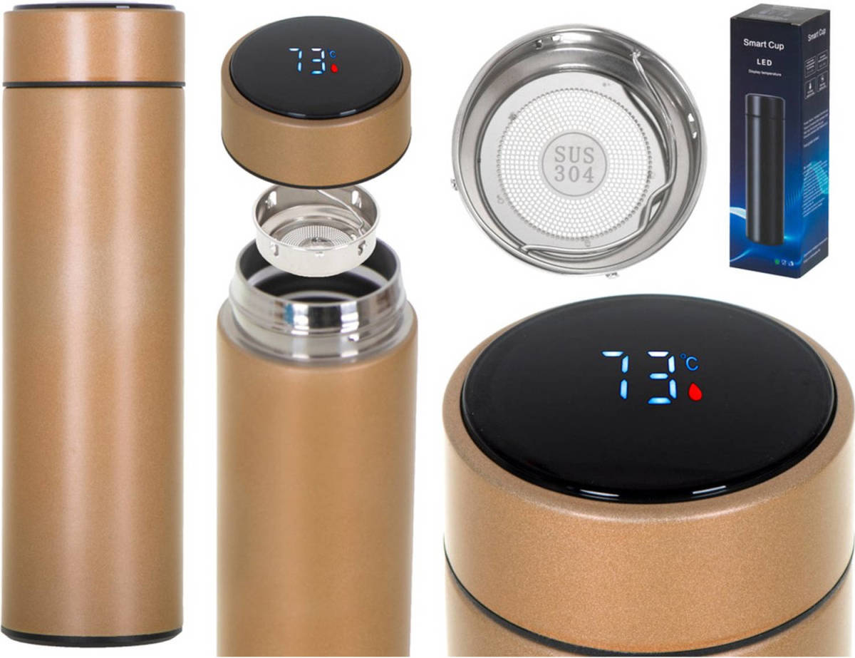 Ikonka Thermosbeker en thermosfles met LED graden display en thee / koffie zeef 500 ml goud