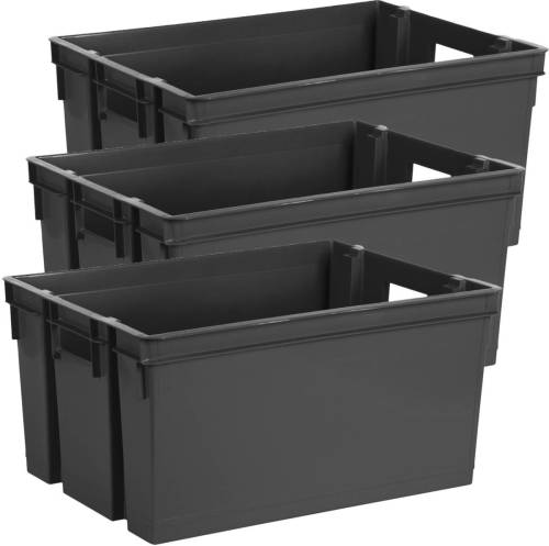 EDA Opbergbox/Opbergkrat 50 L - 3x - zwart - kunststof - 56 x 41 x 29 - stapelbaar/nestbaar - Opbergbox