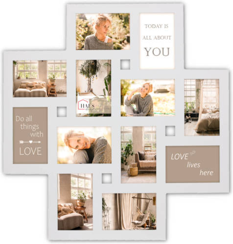 HAES deco - Grote houten Multi Fotolijst Villach wit voor 12 foto's 10x15 (formaat 60x60 cm) - MP123