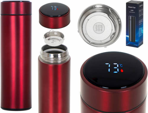 Ikonka Thermosbeker en thermosfles met LED graden display en thee / koffie zeef 500 ml rood