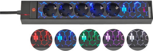 Brennenstuhl Gaming stekkerdoos met 5 contacten, 2x USB-A en LED-verlichting / zwart - 1,5 meter