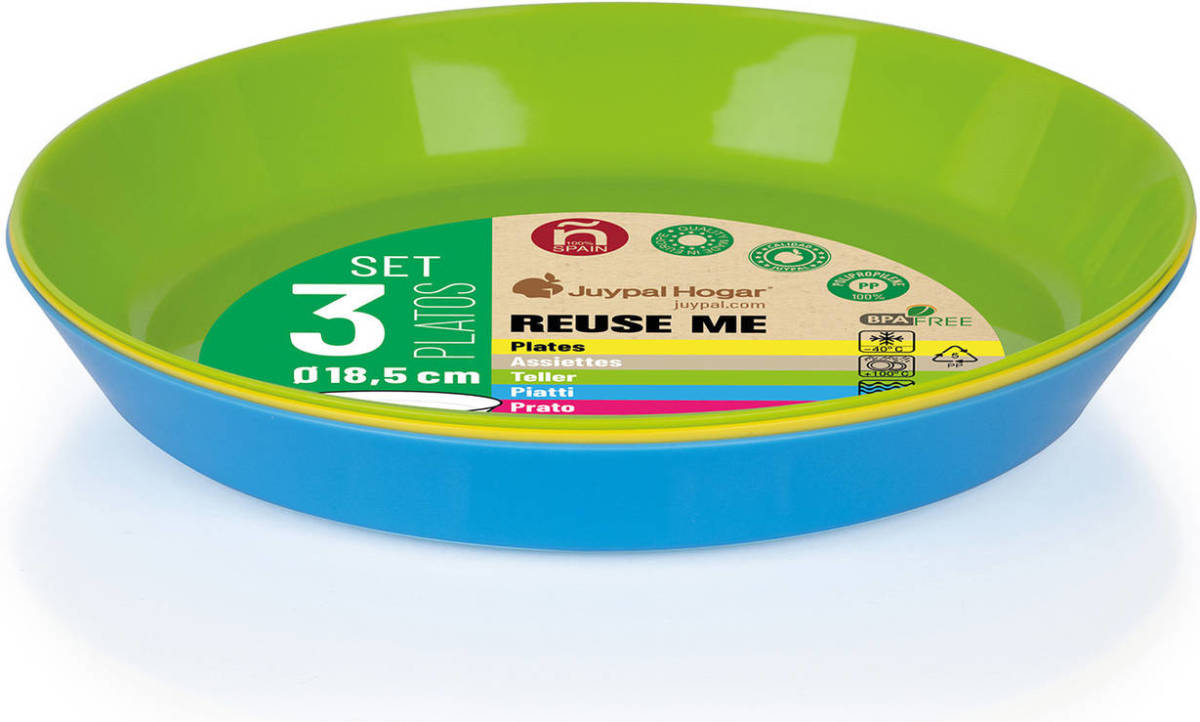 Juypal Hogar Juypal Borden - 3x - gekleurd - kunststof - D18,5 x H2,5 cm - herbruikbaar - BPA-vrij - Bordjes