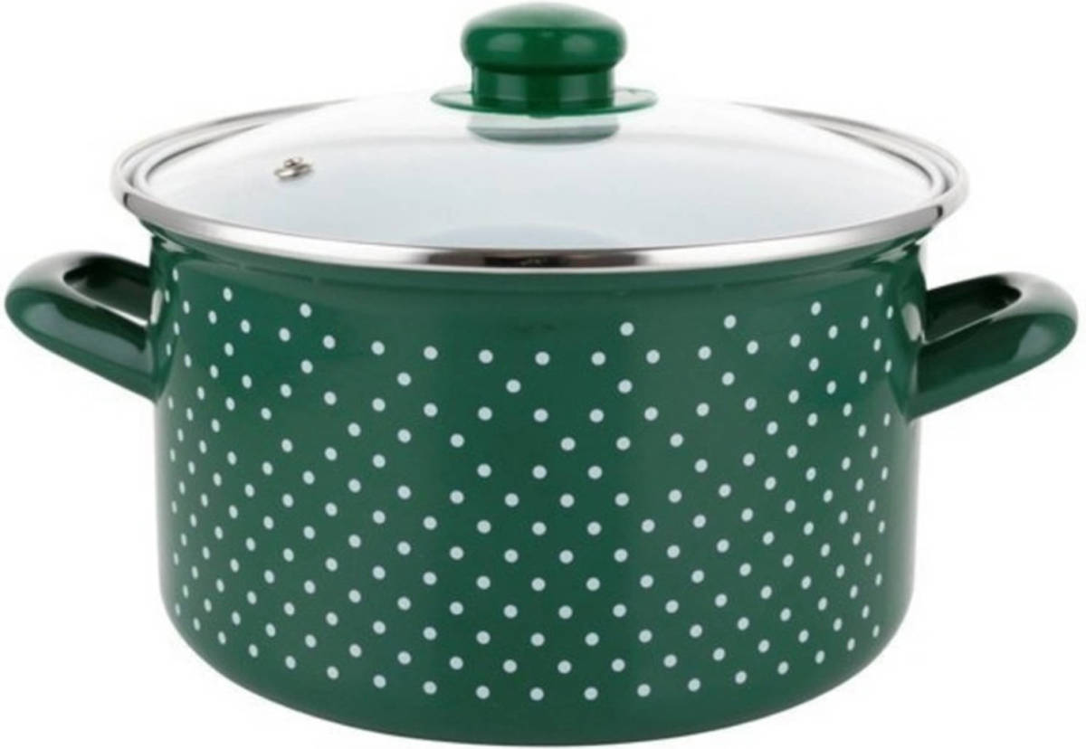 Emalia Retro Green klassieke geëmailleerde kookpan met glazen deksel 16 cm 2.1L groen / wit