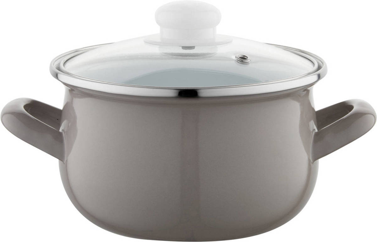 Emalia Capri retro taupe lichtgrijs klassieke geëmailleerde kookpan met glazen deksel 16 cm 2.2L