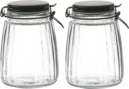 Urban Living Voorraadpot/bewaarpot - 2x - 1,5L - glas - met beugelsluiting - mat zwarte deksel - Voorraadpot