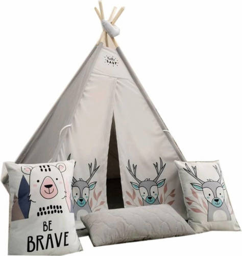 Lovegifts Luxe handgemaakte hert tipi tent speeltent 110 x 110 x 160 cm inclusief 3 kussens en grondkleed