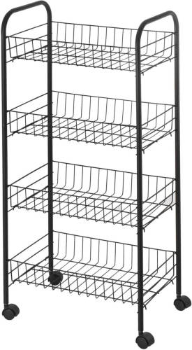 Urban Living Keuken/badkamer draadmanden trolley - metaal - zwart - met wielen - 38 x 26 x 80 cm - met 4 niveaus - Opber