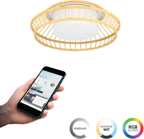 Eglo connect.z Yuku-Z Plafondlamp - Ø 46 cm - Wit/Bruin - Instelbaar RGB & wit licht - Dimbaar - Zigbee