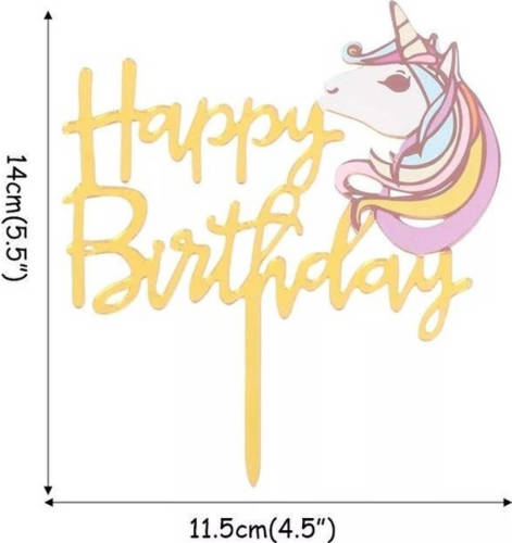 VSE Cake topper happy birthday unicorn Goud - Eenhoorn taart versiering