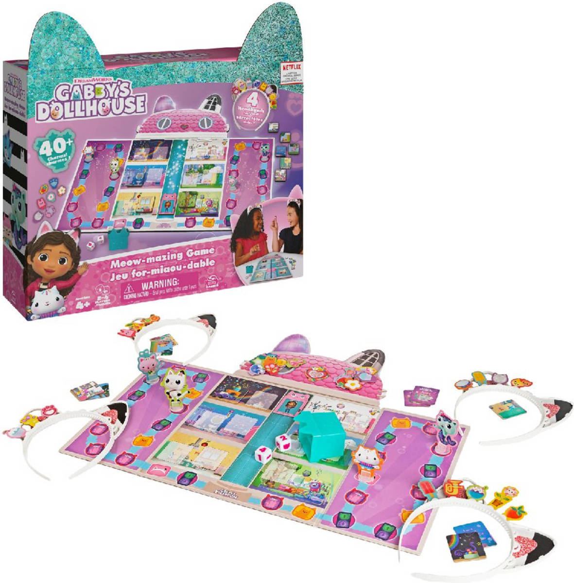 Spin Master Gabby's Dollhouse Poppenhuis Meowmazing Bordspel met 4 Kattenoor Hoofdbanden
