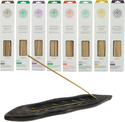 Arowell Assortiment 200 stuks etherische incense wierookstokjes 8 heerlijke geuren - 8 x 25 stuks - incl. wierookhouder