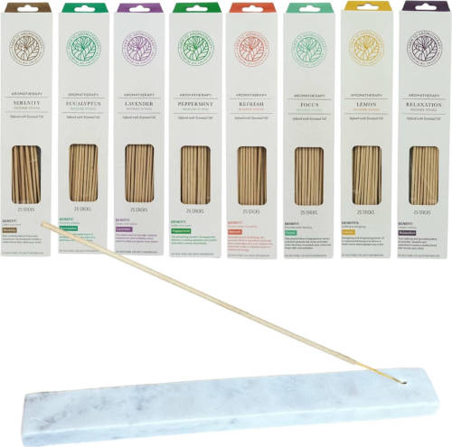 Arowell Assortiment 200 stuks etherische incense wierookstokjes 8 heerlijke geuren - 8 x 25 stuks - incl. Marmer wierookhouder