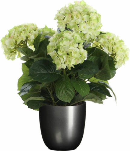 Mica Decorations Hortensia kunstplant/kunstbloemen 45 cm - groen - in pot titanium grijs - Kunstplanten