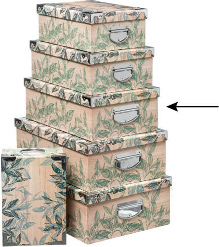 5five Opbergdoos/box - Green leafs print op hout - L40 x B26.5 x H14 cm - Stevig karton - Leafsbox - Opbergbox