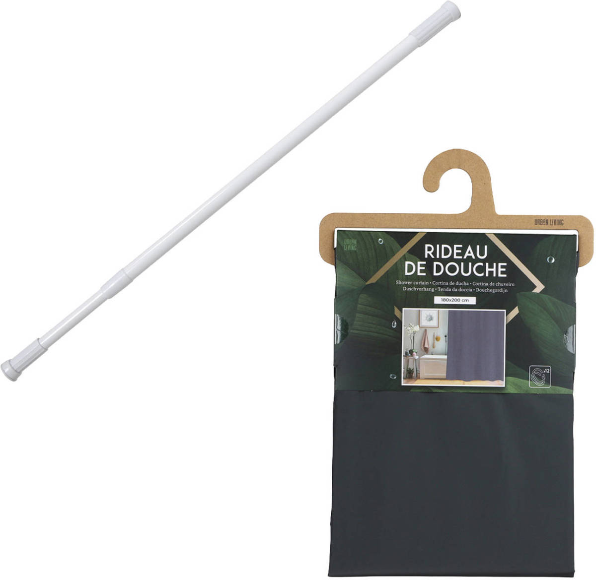 Urban Living Douchegordijn met ringen - antraciet - pvc - 180 x 200 cm - incl ophangstang uitschuifbaar 70-120 cm - Douchegordijnen