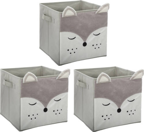 Atmosphera Opbergmand/kastmand vos - 3x - voor kinderen - karton/kunststof - grijs - 30 x 30 cm - Opbergmanden