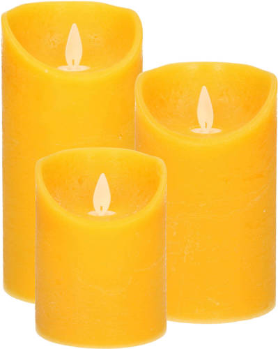 Anna's Collection LED kaarsen/stompkaarsen - set 3x - oker geel - H10, H12,5 en H15 cm - bewegende vlam - LED kaarsen