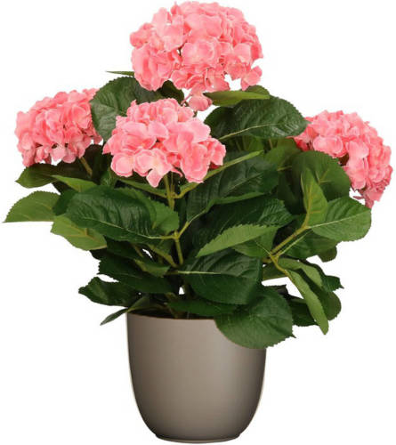 Mica Decorations Hortensia kunstplant/kunstbloemen 45 cm - roze - in pot taupe mat - Kunstplanten