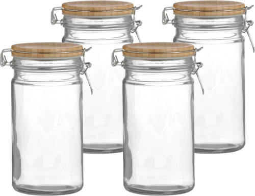 Urban Living Voorraadpot/bewaarpot - 4x - 1L - glas - met beugelsluiting - bamboe deksel - Voorraadpot