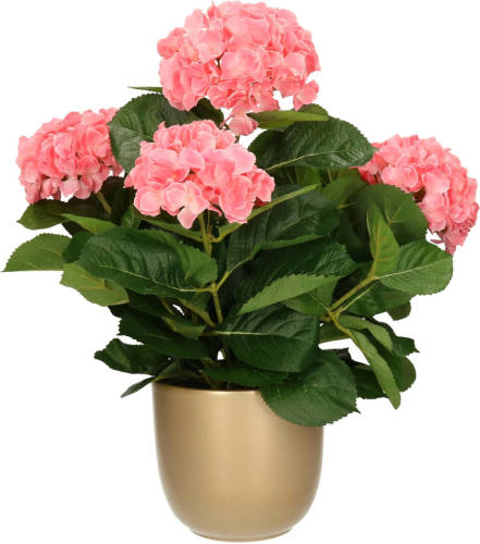 Mica Decorations Hortensia kunstplant/kunstbloemen 45 cm - roze - in pot goud glans - Kunstplanten