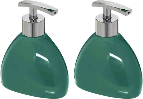 5five 2x Stuks Zeeppompjes/zeepdispensers van keramiek - smaragd groen - 300 ml - Zeeppompjes