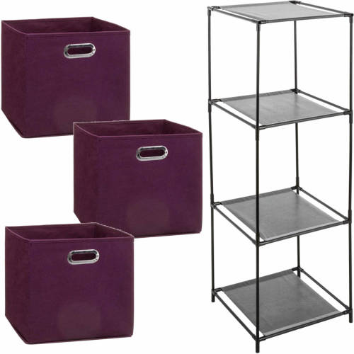 Bathroom Solutions Kastmandjes/opberg mandjes - aubergine - 3x stuks van 29 Liter - In rekje van 34 x 98 cm - Opbergmanden