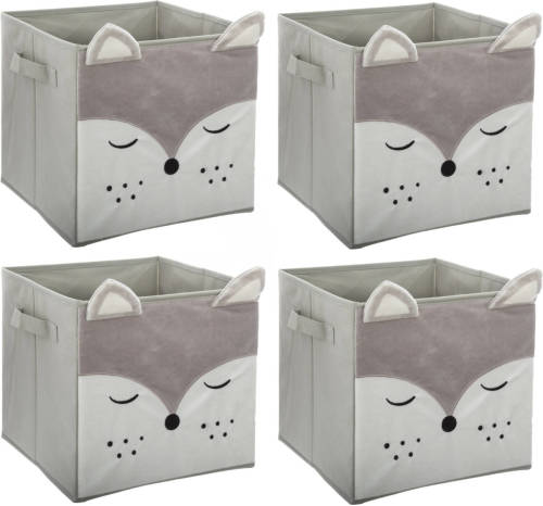Atmosphera Opbergmand/kastmand vos - 4x - voor kinderen - karton/kunststof - grijs - 30 x 30 cm - Opbergmanden