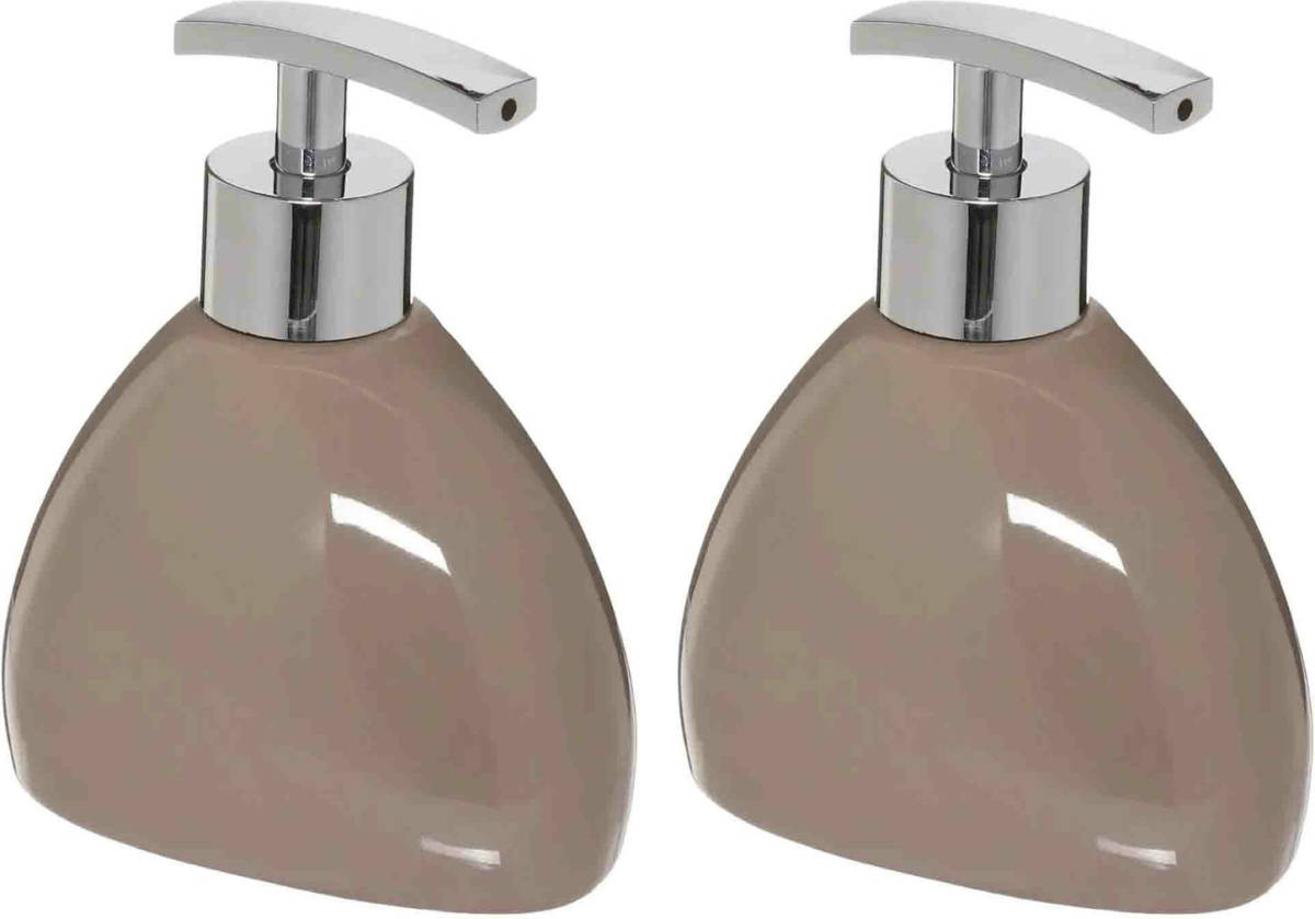 5five 2x Stuks Zeeppompjes/zeepdispensers van keramiek - taupe - 300 ml - Zeeppompjes