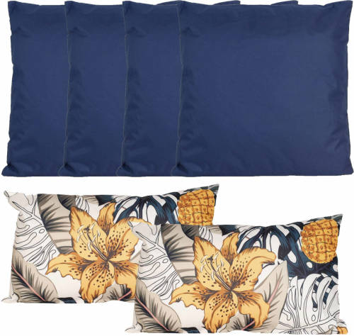 Anna's Collection Bank/tuin kussens set - binnen/buiten - 6x stuks - blauw/tropical summer - In 2 formaten laag/hoog - Sierkussens