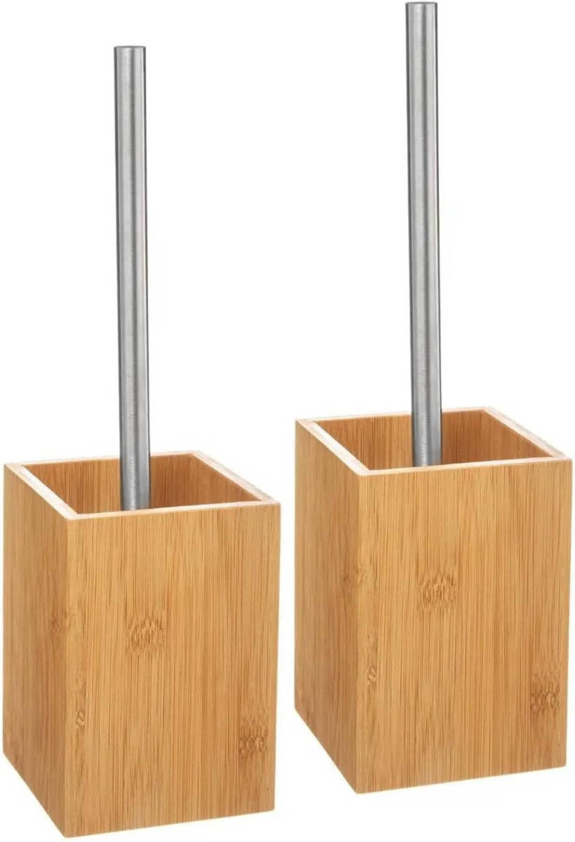 5five 2x stuks WC-/toiletborstels met houder vierkant bamboe 36,5 cm - Toiletborstels