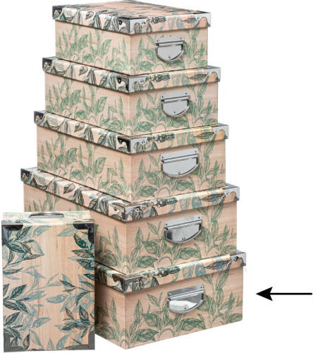 5five Opbergdoos/box - Green leafs print op hout - L48 x B33.5 x H16 cm - Stevig karton - Leafsbox - Opbergbox