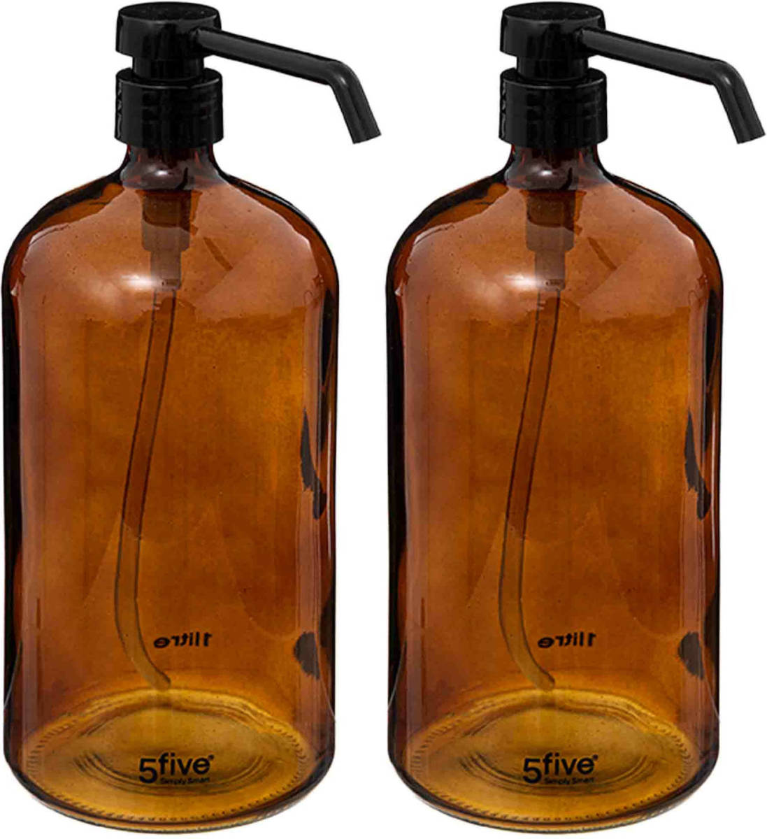 5five 2x Stuks Zeeppompjes/zeepdispensers van glas - bruin - 1 liter - Zeeppompjes