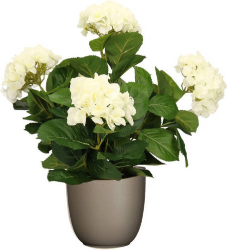 Mica Decorations Hortensia kunstplant/kunstbloemen 45 cm - wit - in pot taupe mat - Kunstplanten