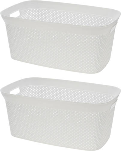 Bathroom Solutions Wasmand van rotan gevlochten - 2x - wit - kunststof - 35 liter - 35 x 53 x 23 cm - Wasmanden