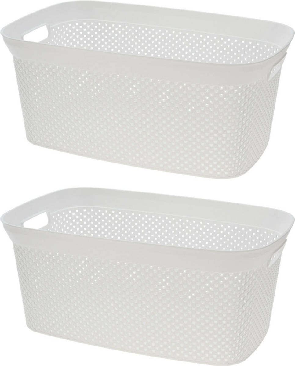 Bathroom Solutions Wasmand van rotan gevlochten - 2x - wit - kunststof - 35 liter - 35 x 53 x 23 cm - Wasmanden
