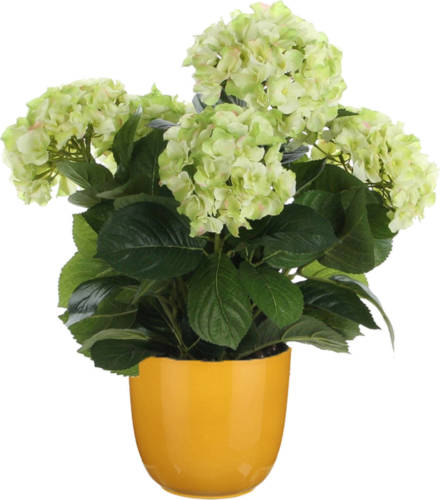 Mica Decorations Hortensia kunstplant/kunstbloemen 45 cm - groen - in pot okergeel glans - Kunstplanten