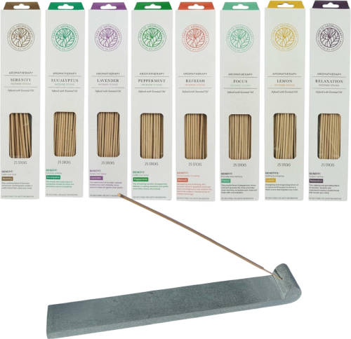 Arowell Assortiment 200 stuks etherische incense wierookstokjes 8 heerlijke geuren - incl. Speksteen wierookhouder