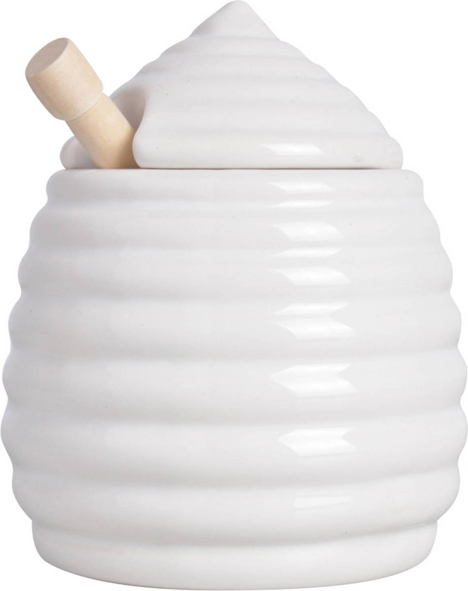 Esschert Design Honingpot incl lepel - wit - keramiek/hout - 400 ml - Voorraadpot