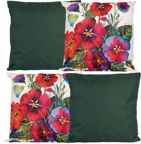 Anna's Collection Bank/tuin kussens set - voor binnen/buiten - 4x stuks - groen/flowers print - 45 x 45 cm - Sierkussens