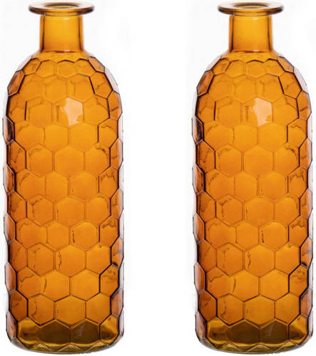 Bellatio Design Bloemenvaas - 2x - oranje glas honingraat - D7 x H20 cm - Vazen