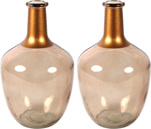 Countryfield Bloemenvaas Firm Big Bottle - 2x - beige transparant/koper - glas - D15 x H25 cm - Vazen